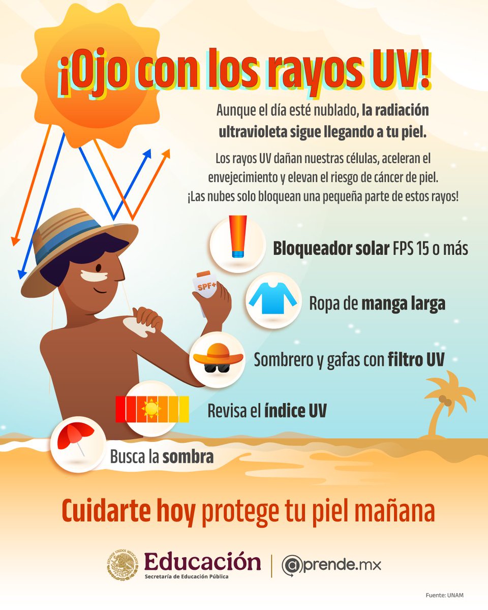 CursosAprendeMX's tweet image. No importa si el día está nublado, protege tu piel de los #RayosUV. ☀️

👉 Sigue las recomendaciones que te compartimos y recuerda que con pequeñas acciones puedes tener grandes cambios para una #VidaSaludable.

😎 Aprende más en: vidasaludable.gob.mx