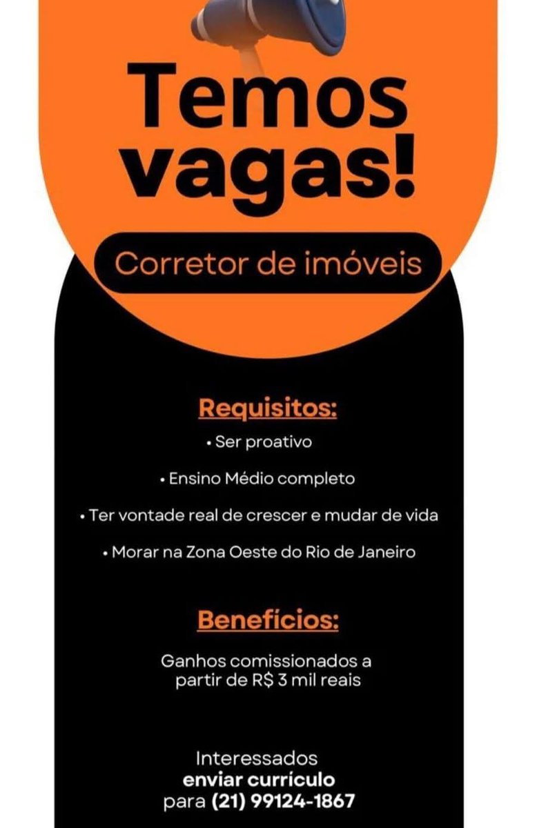 Ivanapoeta's tweet photo. CHEGA DE ADIAR O SEU SUCESSO! 🚀
 Estamos com vagas abertas para Corretor de Imóveis com ganhos a partir de R$ 3 mil.
​⚠️ RESTAM POUCAS VAGAS! Não deixe para amanhã a decisão que pode mudar sua realidade financeira hoje.
​📱 Envie seu currículo agora para: (21) 99124-1867 . https://t.co/W6VeuWNEjQ