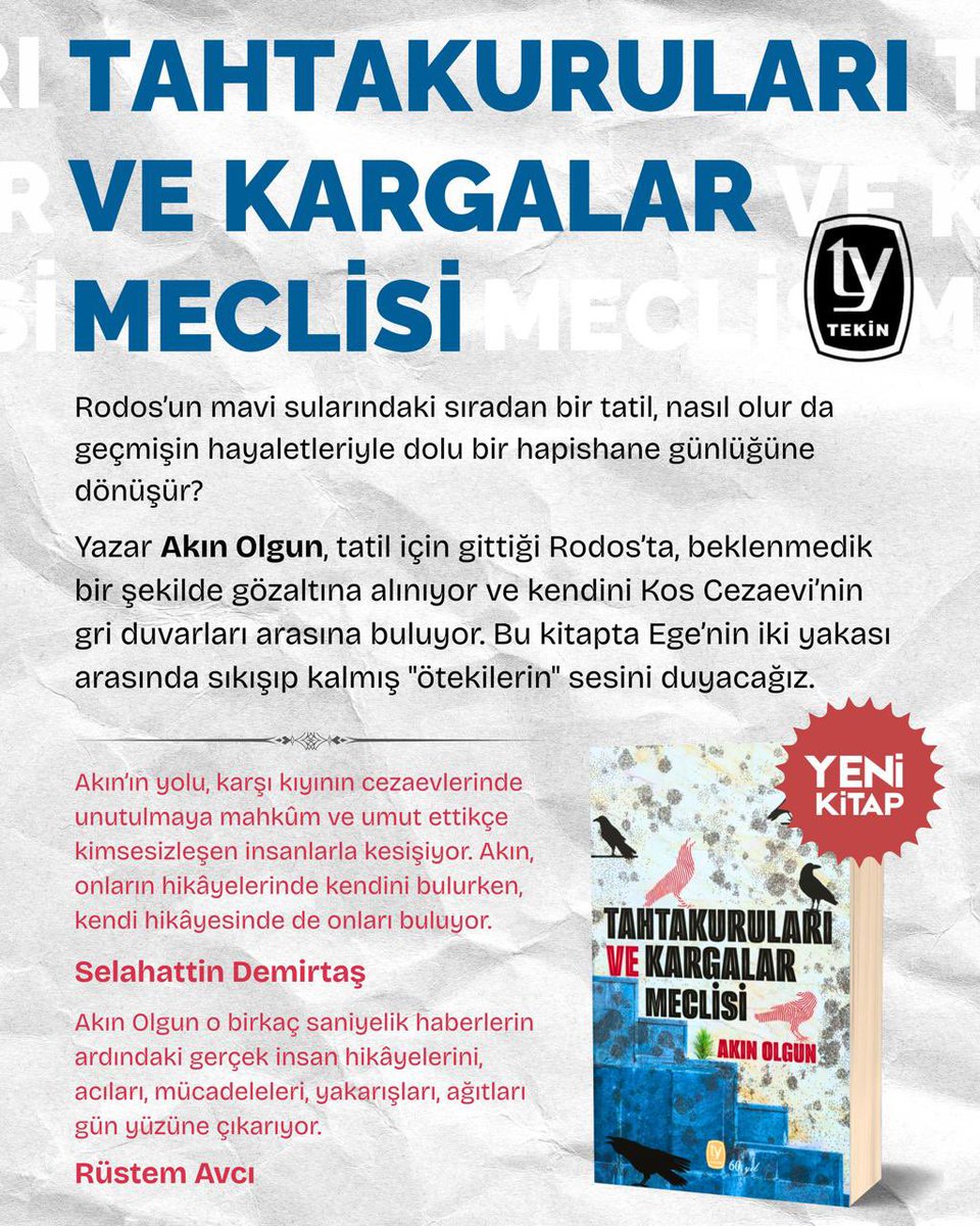 akinolgun's tweet photo. Tahta Kuruları ve Kargalar Meclisi" hem kendime verdiğim bir sözü gerçekleştiriyor hem de Yunanistan'da hayat hikayeleriyle hemhal olduğum "Kaptanlar"a dair bir hakikate odaklanıyor. Ama öncelikle Rüstem Avcı’ya, Selahattin Demirtaş’a ve Elif Akkaya’ya teşekkür etmem gerek.

Sevgili dostum Rüstem Avcı kitabı okuyup, önsöz için kalemini esirgemedi, çok değerli arkadaş, dost, yoldaş Selahattin Demirtaş ise duygu ve düşüncelerini kitabın arka kapağında bize emanet etti, sevgili Elif Akkaya da kitabı okuyucuyla buluşturdu. Hepsine teşekkürü bir borç bilirim. 

Teknelerle, karşı kıyıya geçirilen göçmenlerle aynı riski alan ve "kaptanlar" olarak işaretlenen Türkiye vatandaşı bu insanların, Yunanistan cezaevlerininde “nefret öznesi” olup ranzaları doldurması bize çok şey anlatıyor. 

Onları Yunan kamuoyu tanıyor ama Türkiye kamuoyunda hiç bir karşılıkları yok maalesef. 

Türkiye'nin görmezden geldiği, Yunanistan'ın ise on yıllara varan cezalarla demir kapıların arkasında tuttuğu bu insanların her biri; kendi hikayelerinin sosyal, ekonomik ve siyasal gerçekliğinden habersiz, "kader" mahkumu  kabulünde hayata tutunmaya çalışıyorlar. 

Ege denizinin bir göçmen mezarlığına dönüşmesinin hem faili hem kurbanı hem sanığı hem tanığı onlar. 

Türkiye'nin farklı şehirlerinden, kaçakçılık çarkına düşen ve aynı çarkın içinde öğütülen onlarca, yüzlerce insandan bazılarını bulacaksınız bu kitapta. 

İçeriden bir tanıklıkla, "kaptanlar"ın  hikayelerini belki de ilk kez bu kitapta okuyacaksınız. 

Umarım anlatmayı başarabilmişimdir... 

Özgür günlerde kavuşma umudumuz her zamankinden daha güçlü ve büyük elbette…

Kitabı edinmek için: https://t.co/Lvh3j2jreO

Ayrıca kitap bir çok mecrada yakında sizlerle buluşacak.

@rustem_avci @hdpdemirtas @Elif_AkkayaEli @YayincilarKoop @TekinYayinevi