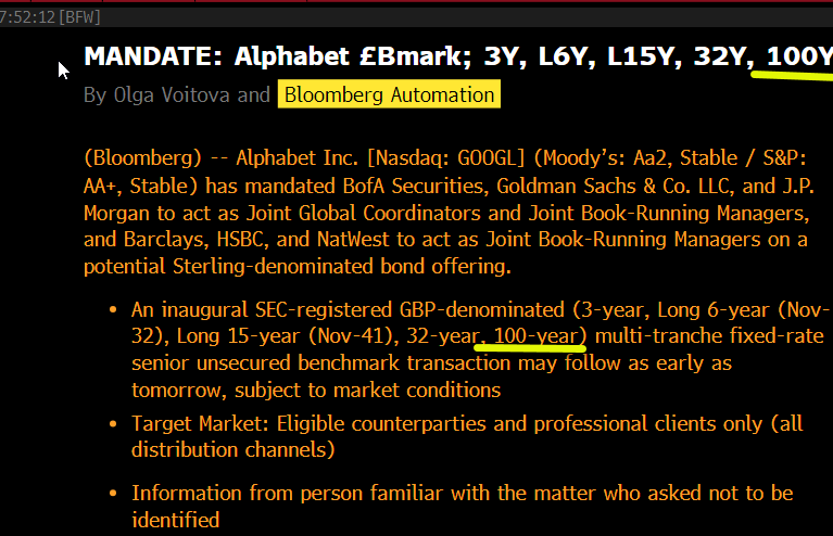 Alphabet (Google) is issuing 100 year sterling bonds. The first tech century bond since the dot com era Funding the insane AI capex wave ($175–185B in 2026 alone). Borrowing in GBP while
