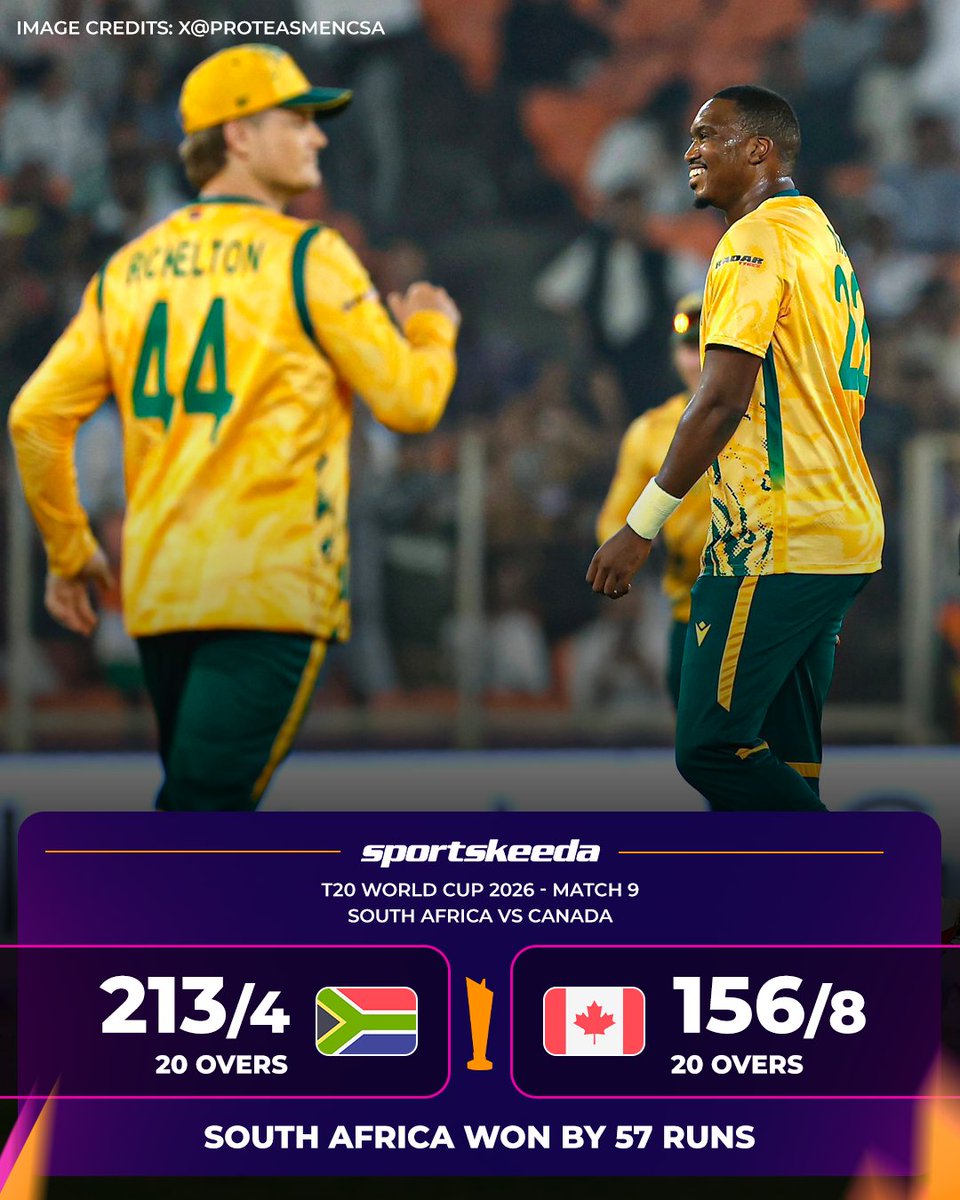 Sportskeeda's tweet photo. The 2024 finalists waste no time! 🔥
South Africa start their T20 World Cup 2026 campaign with an authoritative 57-run win against Canada. 👏🏼
#T20WC #SAvCAN #Sportskeeda https://t.co/hFiSfvzAR2