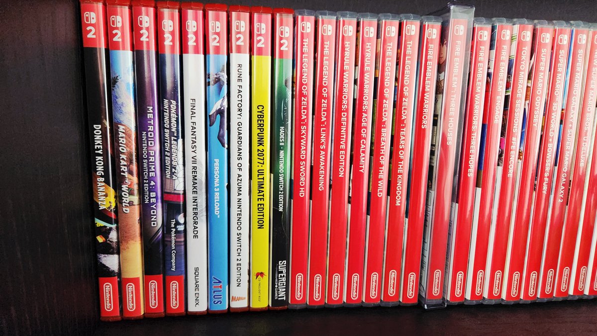 Switch 2 games' colored spine art is the biggest glow up from Switch 1's wall of pure  r e d. I cannot stress this enough.

GameCube era shelf tastefullness is so back