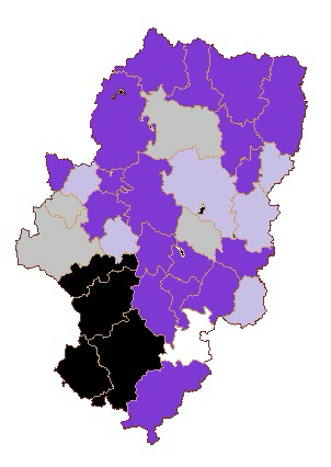 Por ilustrar nuestros resultados comparados con un partido con aparición en todos los medios, prensa, canales con cientos de suscriptores y cuentas masivas adjuntamos el mapa de resultados en Aragón por Comarca:
EB vs Podemos

⚫️Eb gana por +5
🩶Eb gana por -5
⬜️Empate
💜Podemos