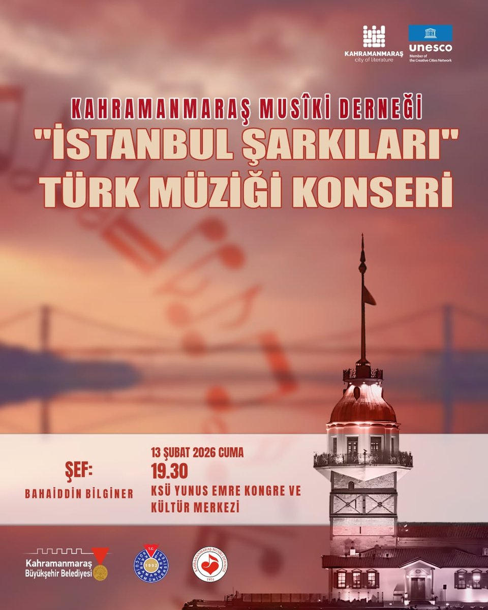 “İSTANBUL ŞARKILARI” Türk Müziği Konseri
Gerçekleştirilecek Olan Şef Bahaeddin Bilginer Yönetimindeki Kahramanmaraş Musiki Derneği “İSTANBUL ŞARKILARI” Türk Müziği Konserine Davetlisiniz…
Tarih: 13 Şubat 2026
Saat: 19.30
KSÜ Avşar Kampüsü Yunus Emre Kongre Ve Kültür Merkezi
