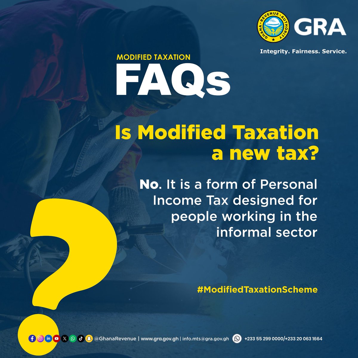 GhanaRevenue's tweet photo. Modified Taxation is not an additional tax burden. 
It is GRA's way of serving you better. 
For more, visit https://t.co/ipT60mJDCj

 #GRA #GhanaFIRST #ModifiedTaxation https://t.co/TsH37x0A8X