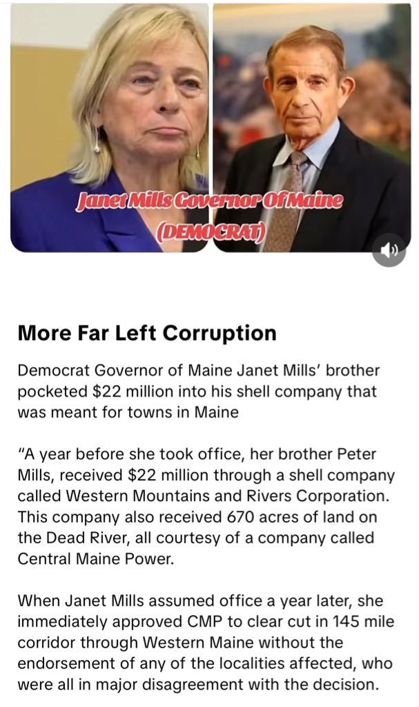 🔥🚨BREAKING: Janet Mills is the Democratic governor of Maine.

Her brother is accused of routing $22 million through a shell company that was supposed to go to Maine towns.