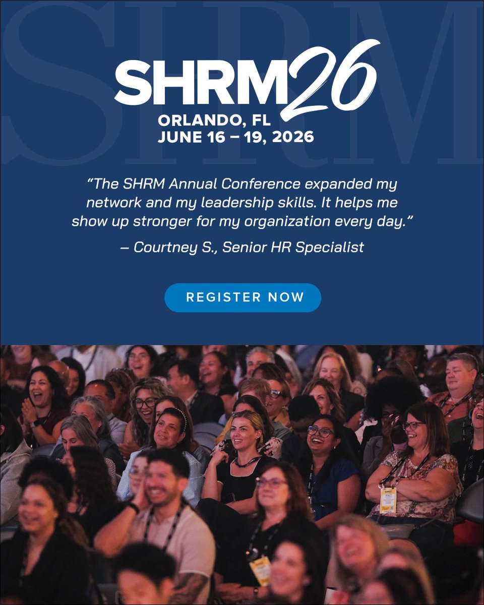 SHRM's tweet photo. Being in a room full of people who get it changes everything. 

SHRM26 brings HR leaders together to learn, connect, and lead stronger. 

📍 Orlando | June 16–19, 2026 
 https://t.co/4x2MP6avTu https://t.co/0RqJP388RM