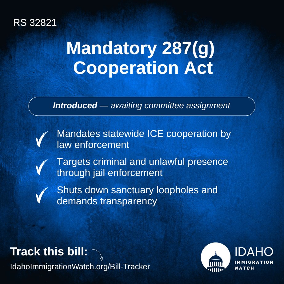 Idaho shouldn’t have “sanctuary” counties quietly shielding illegal immigration.

This bill:

✅ Improves public safety
✅ Protects Idaho jobs and wages
✅ Forces transparency when agencies refuse to cooperate

👇 Full bill details and tracking link in the replies