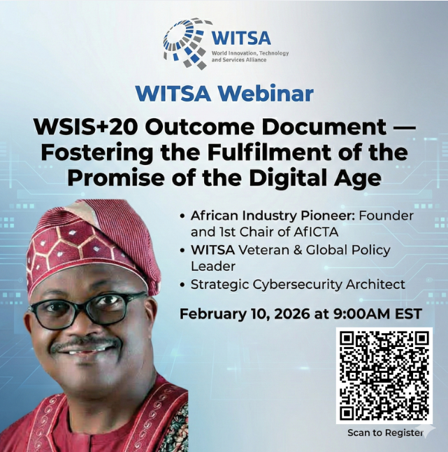 WITSA1's tweet photo. 🚨 TOMORROW | 9:00 AM EST
Join @WITSA & Dr. Jimson Olufuye to decode the #WSIS20 Outcome Document & the future of global tech policy. 🌐
Don't miss this essential briefing!
✅ Register: https://t.co/Q7A44aTopj💻 Zoom: https://t.co/BVhBaeMGds
#TechPolicy #WITSA #DigitalAge https://t.co/SEvLL3VVmL
