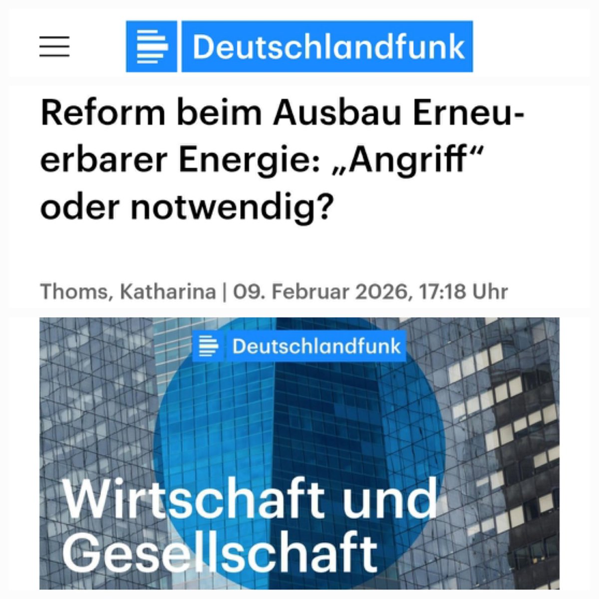 Reform beim Ausbau Erneuerbarer Energie: "Angriff" oder notwendig? Darüber habe ich mit Katharina Thoms (<a href="/mediathoms/">Katharina 🎧📻🎤 Thoms</a>) in Wirtschaft und Gesellschaft im Deutschlandfunk <a href="/DLF/">Deutschlandfunk</a> gesprochen. 
deutschlandfunk.de/reform-beim-au…