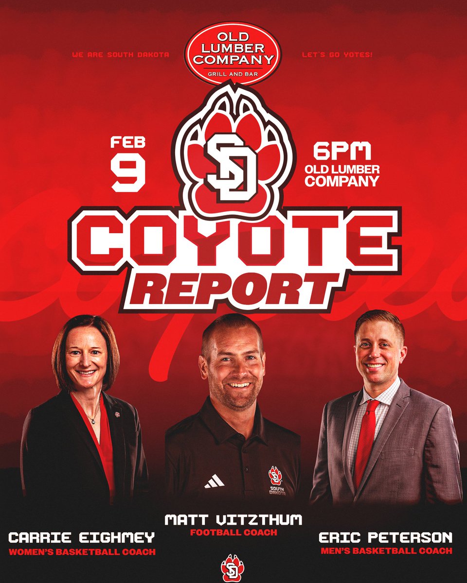 𝐂𝐎𝐘𝐎𝐓𝐄 𝐑𝐄𝐏𝐎𝐑𝐓 
 
Join us tonight at <a href="/OldLumberCo/">OLD LUMBER COMPANY</a> or live on the Coyote Sports Network for a special edition of the Coyote Report beginning at 6:00 p.m.

<a href="/CoachVitzthum/">Matt Vitzthum</a> will be making his first appearance as head coach to talk the future of <a href="/SDCoyotesFB/">South Dakota Football</a>!

#GoYotes