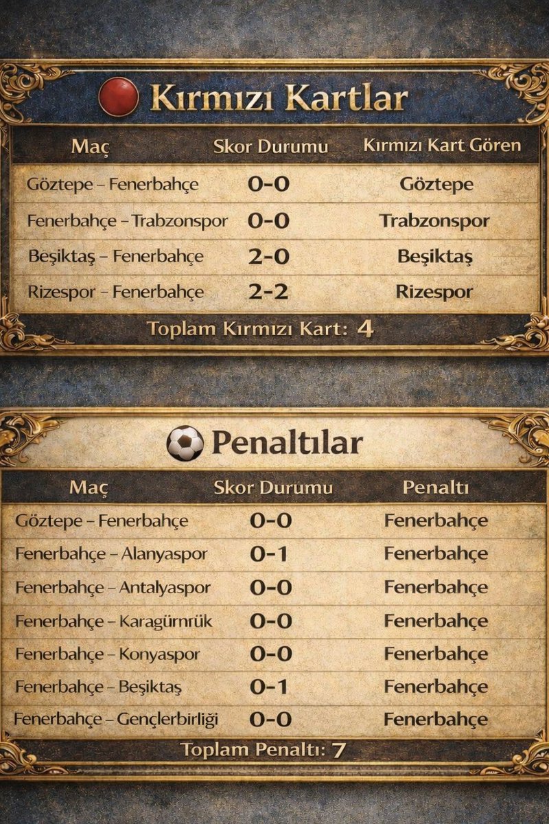 Fenerbahçe'nin bu sezon yenik ya da berabere olduğu anlarda lehine çalınan penaltılar ile rakiplerine çıkan kırmızı kartlar:

🔹 10 maç 
🟥 Rakiplerine 4 kırmızı kart
⚽ Lehine 7 penaltı