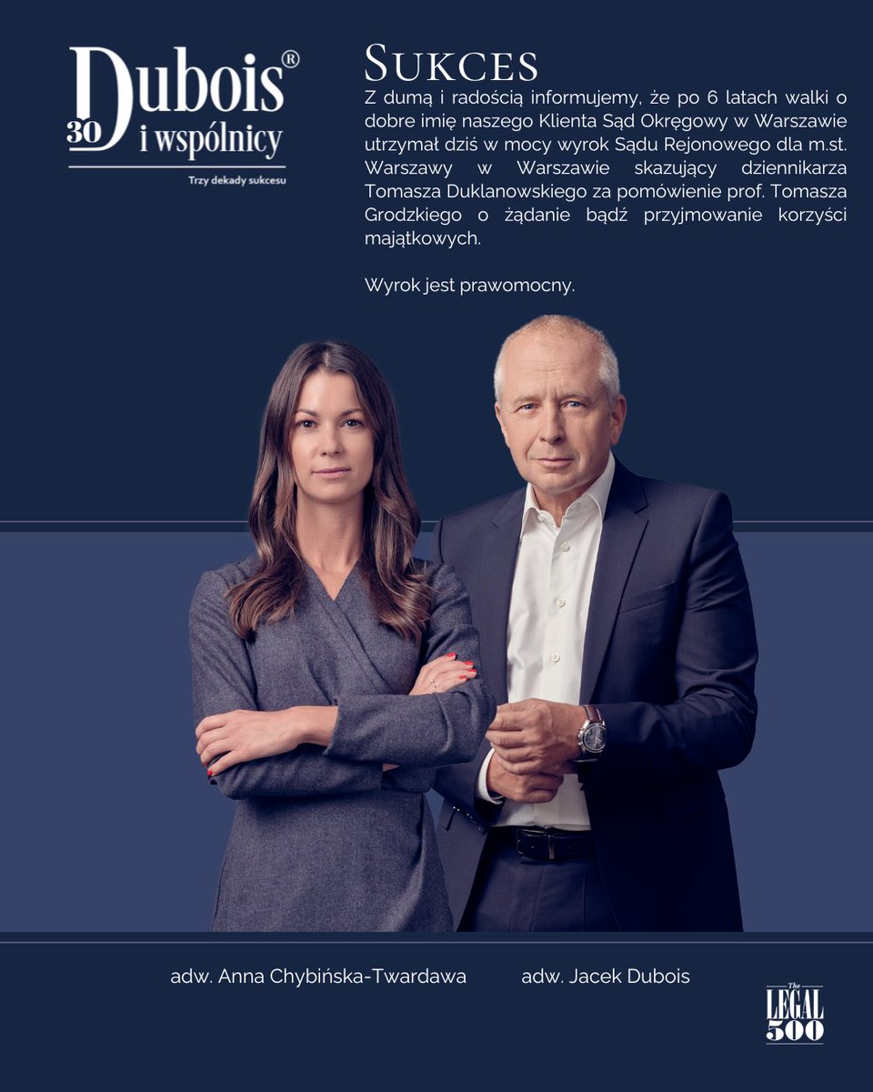 profGrodzki's tweet image. Sąd prawomocnie skazał Tomasza Duklanowskiego za pomówienie mnie o przyjmowanie łapówek.

To ważne rozstrzygnięcie nie tylko dla mnie, ale dla standardów życia publicznego. Kłamstwo nie może być bezkarne, a prawda ma znaczenie.✌🏻