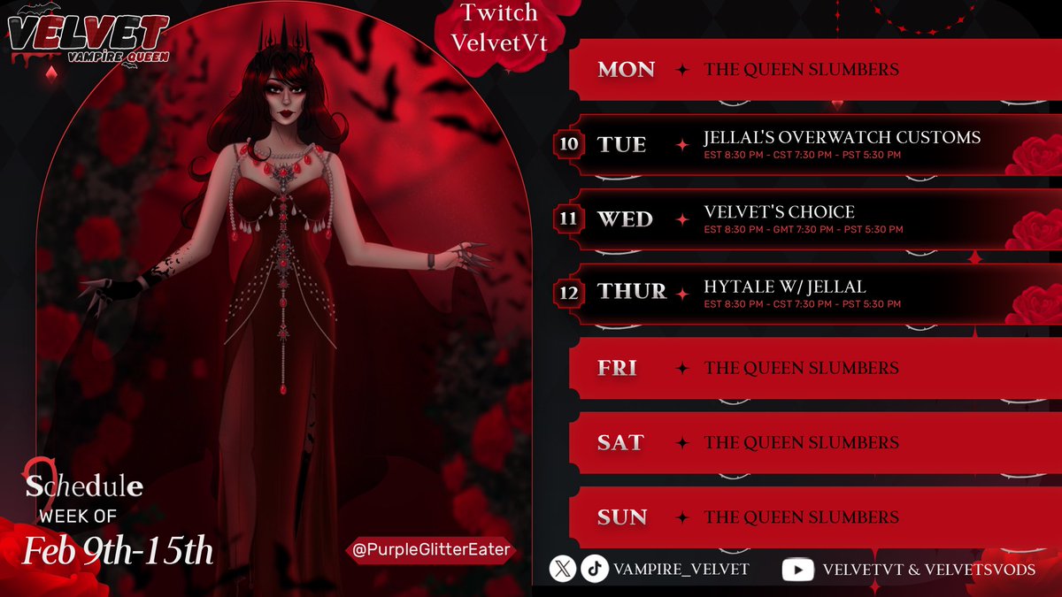 🥀Schedule Week of 2/9/26-2/15/26🖤

Big adventures this week! Playing OW customs for the first time in forever in Jellal's event to kick off the season! 

Then exploring more Hytale &amp; leaving Wednesday open for whatever I'm in the mood for! 

Hope to see you in the castle soon!
