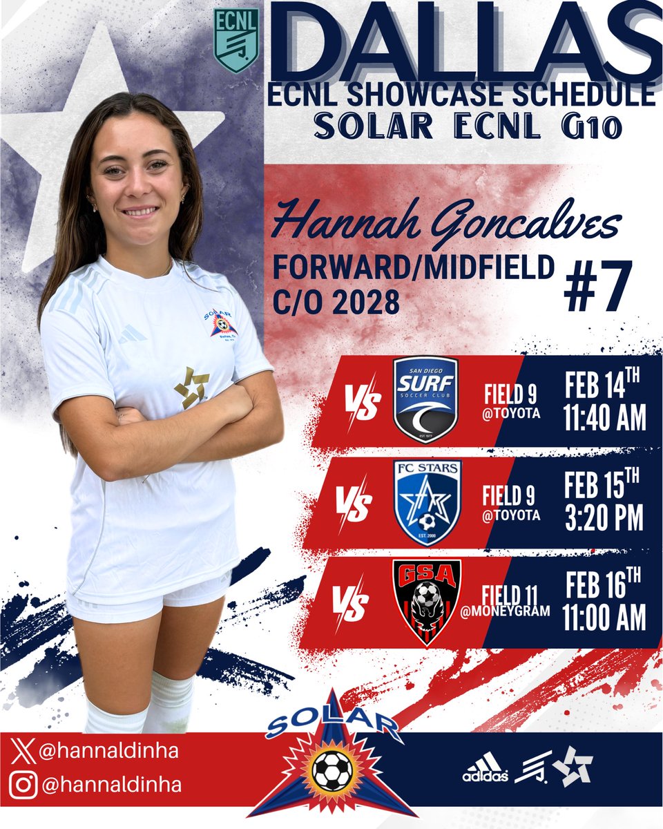 hannaldinha's tweet photo. Locked in for Dallas 🔒⚽️
ECNL Showcase loading…
Solar ECNL G10 ready to compete 💥
Forward/Midfield | #7 | C/O 2028
📍 Dallas, TX
🆚 San Diego Surf
🆚 FC Stars
🆚 GSA
Grateful for the opportunity. Time to work. 💪✨
#hannaldinha #SolarSoccer #dallasecnl #ecnlshowcase https://t.co/BkIQ57VTvl
