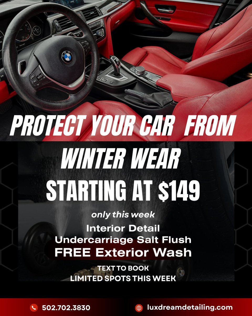 ramonr67's tweet photo. Don’t let salt ruin your ride. 🚗❄️

Our Winter Cleanup Special is live: ✅ Undercarriage Salt Flush ✅ Full Interior Detail ✅ FREE Exterior Wash

Starting at $149. (Prices vary by vehicle size/condition—DM for a quick estimate!) 📍

Text 502.702.3830 to book! 📱 #Detailing https://t.co/2z7PVFhf9D
