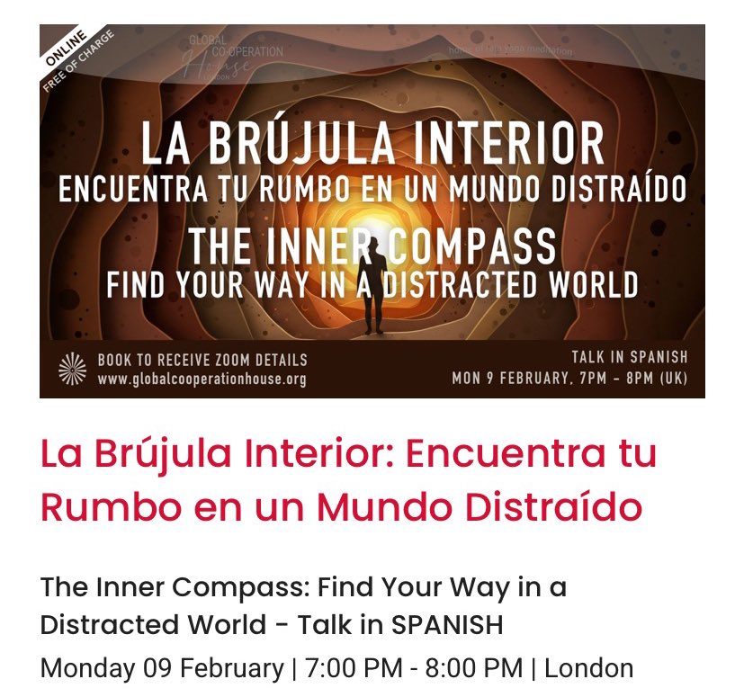 BrahmaKumarisUK's tweet image. La Brújula Interior: Encuentra tu Rumbo en un Mundo Distraído

The Inner Compass: Find Your Way in a Distracted World - Talk in #SPANISH 

Mon 9 Feb | 7:00 PM - 8:00 PM | London

Join online: 
zoom.us/j/99238940287?…

#FreeEvent 

brahmakumaris.uk/events/ 
brahmakumaris.uk/courses/