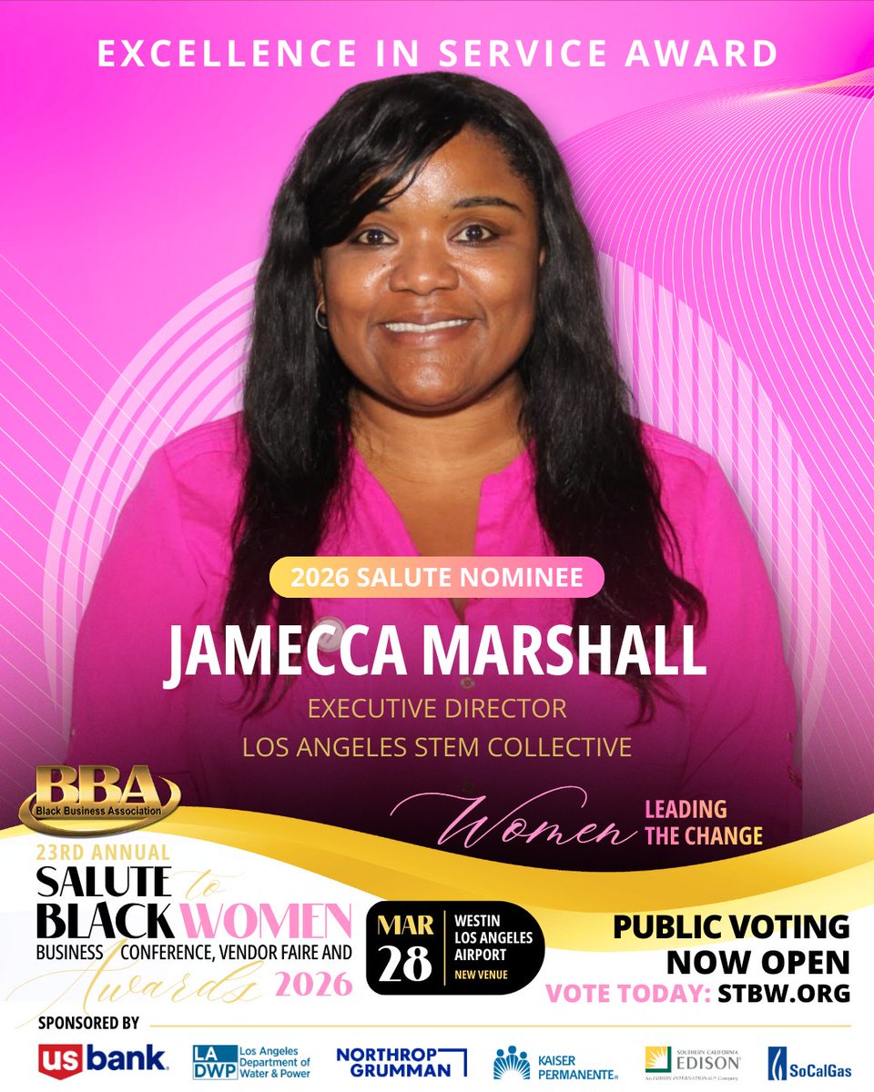 LASTEMCollectiv's tweet photo. Jamecca Marshall has been nominated for the 23rd Annual Salute to Black Women Excellence in Service Award! 

Vote for Jamecca today at https://t.co/y6RlRZ8JGh

#BlackWomeninSTEM #STEM #LASTEM #SalutetoBlackWomen #Science #Technology #Engineering #Math #Service #Award #Nominations https://t.co/zRyn4BFxg0
