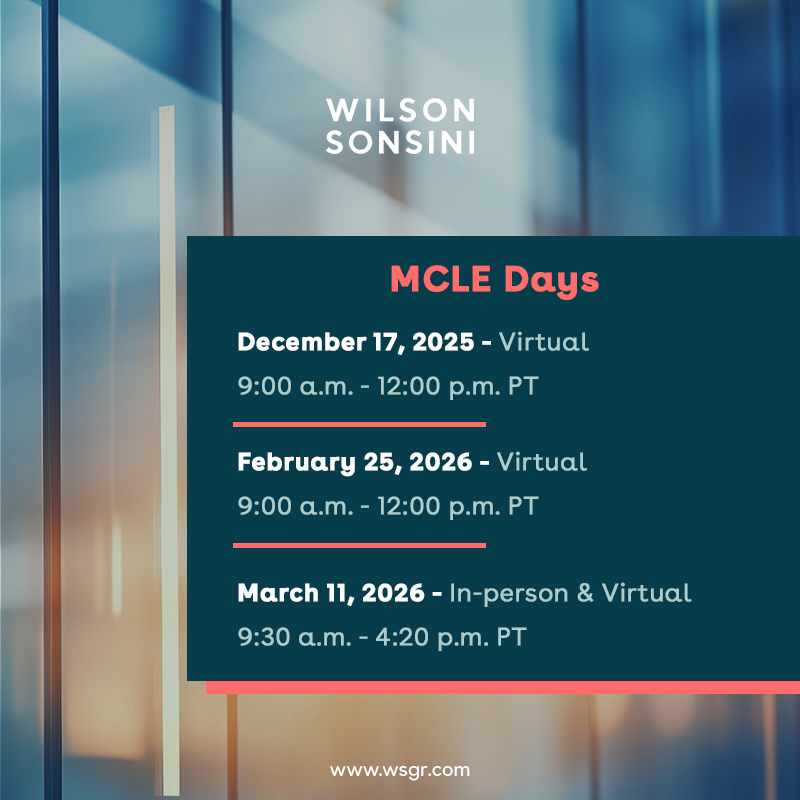 wilsonsonsini's tweet image. We’re excited to continue our MCLE Days programming with day 2, providing additional opportunities to earn required #MCLE credit.

Day 2 of our MCLE Days series will take place virtually on 2/25.

👉 To register and view session details, visit: wsgr.com/en/events/mcle…
