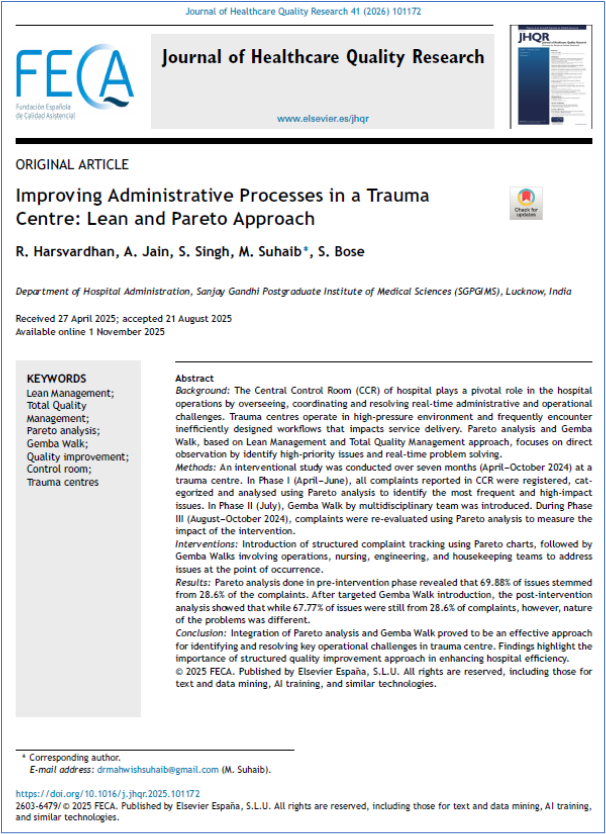 JHealthQualityR's tweet photo. 📰 Improving Administrative Proc. in a Trauma Centre: Lean and Pareto Approach
✏️Original by R Harsvardhan @JHealthQualityR #RevistaSECA #JHQR
👉 https://t.co/wSQO80nQYa
✅ #QualityHealthcare #LeanManagement #TotalQualityManagement #ParetoAnalysis #GembaWalk #QualityImprovement https://t.co/wQbM3rGhIJ