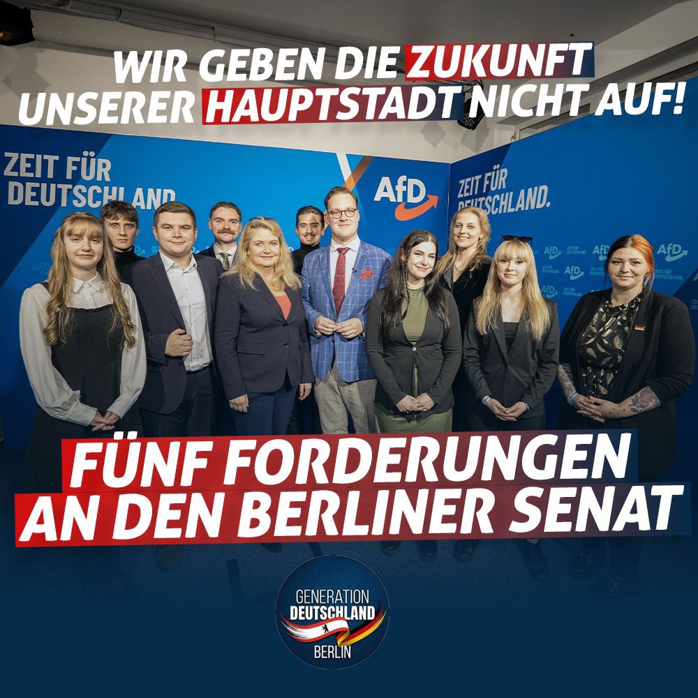 Wir geben die Zukunft unserer Hauptstadt nicht auf!
Forderungen der Generation Deutschland an den zukünftigen Berliner Senat. 

Die Berlin-Wahl ist entscheidend für die Zukunft unserer Hauptstadt. Der amtierende Senat ist nicht willens, den Niedergang der Stadt abzuwenden. Ohne