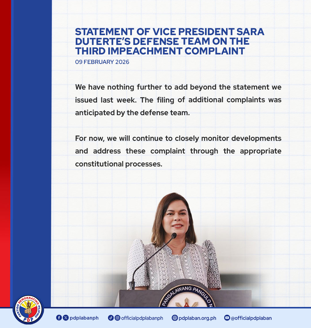 pdplabanph's tweet image. 𝗥𝗘𝗔𝗗 | Statement of Vice President Sara Duterte’s Defense Team on the Third Impeachment Complaint.

#PDP #PilipinasDutertePaRin