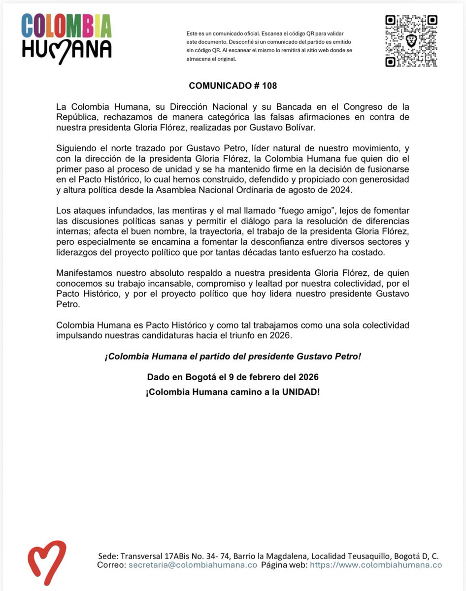 Agradezco a la Dirección Nacional y la bancada de Colombia Humana por su respaldo.

El trabajo arduo, sincero y solidario en pro de nuestro proyecto político y la consolidación de la unidad, no será minado por chismes ni afirmaciones infundadas.

<a href="/PactoCol/">Pacto Histórico Oficial</a> <a href="/ColombiaHumana_/">Colombia Humana</a>