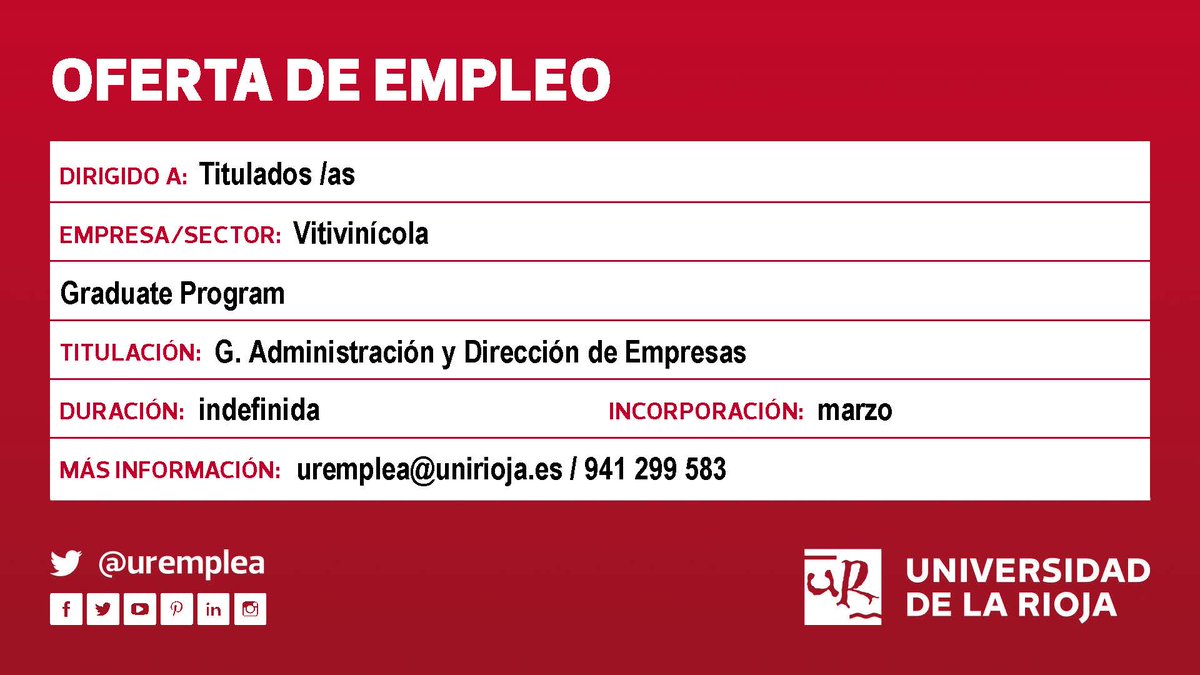 ♦️Oferta #empleo #TituladosUR <a href="/unirioja/">Universidad de La Rioja</a> #Ade Sector: vitivinícola ¡Inicio: marzo! ➕ info: bit.ly/3onDlmw