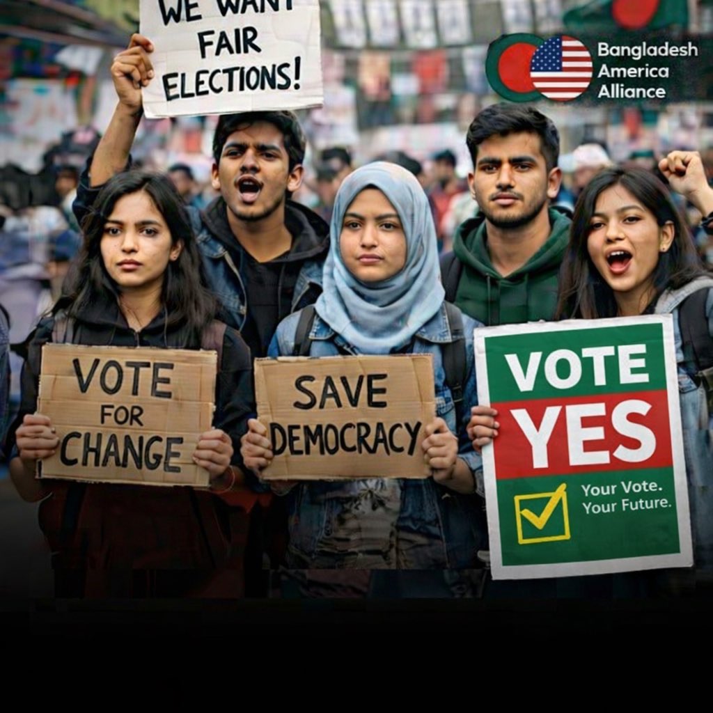 bdusalliance's tweet photo. Fellow Bangladeshis! 🇧🇩 Your voice matters—head to the polls on February 12th and make history. 

Encouraging all to Vote YES on the referendum to drive critical reforms. Let’s keep pushing for a better Bangladesh by voting Yes! Together, we will build a stronger Bangladesh! 
#VoteYesBD