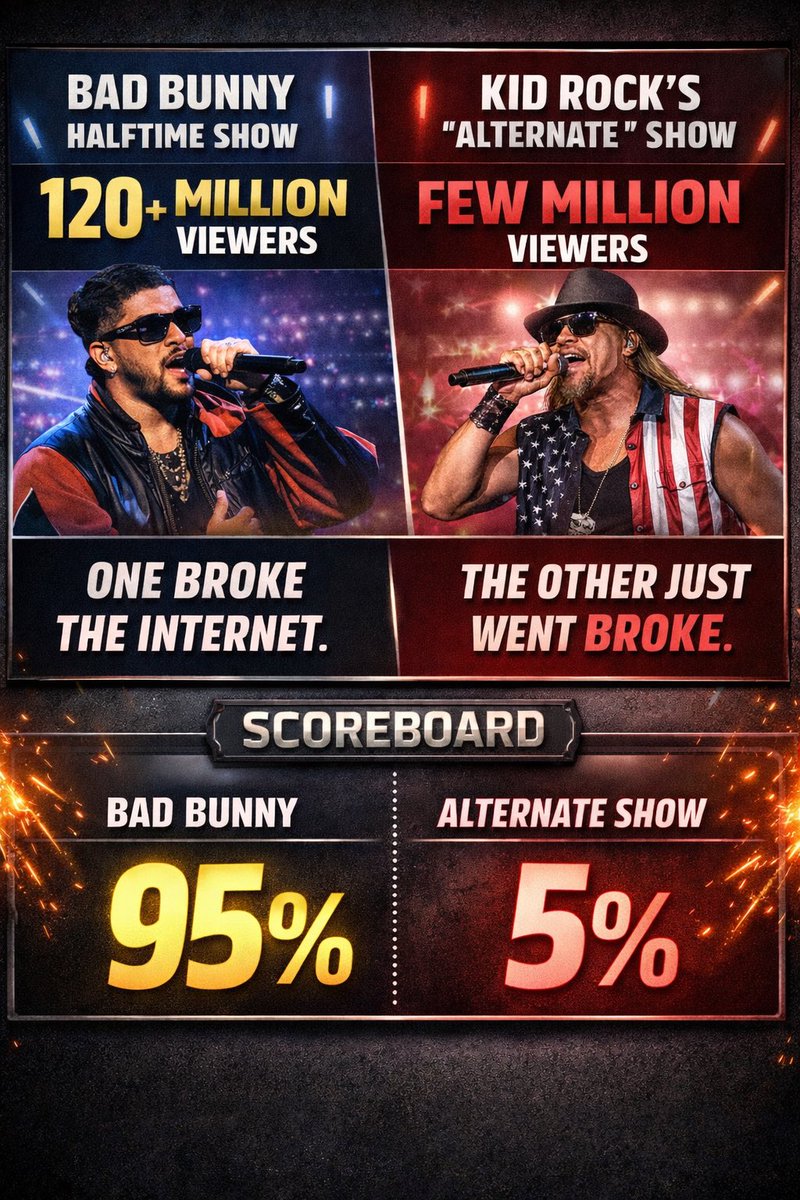 mjfree's tweet image. Bad Bunny pulled 120M+ viewers at halftime.
Kid Rock’s “alternate” show scraped together a few million online.

One broke the internet.
The other just went broke.

Scoreboard:
Bad Bunny: 95%
Alternate halftime: 5%