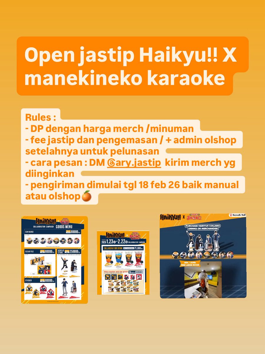 aryweebdiary's tweet photo. 🍊HAIKYU FANS!!! Merapat!!!🍊
Open jastip manekineko merch
SOLD OUT !!??? Refund 💯 %!!! #jastip  #jastiphaikyu #haikyu #haikyuu #hinatashoyo #volleyball https://t.co/HkMULOzzwZ