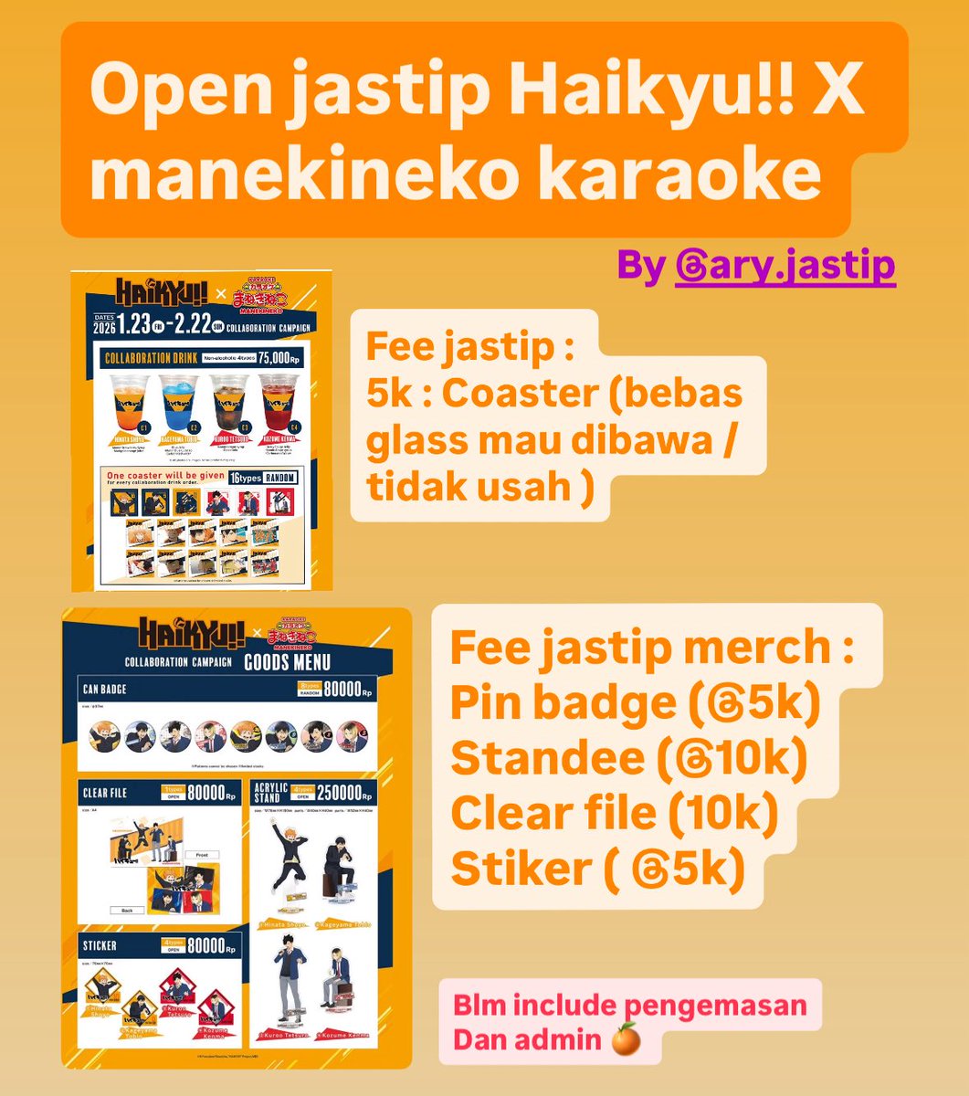 aryweebdiary's tweet photo. 🍊HAIKYU FANS!!! Merapat!!!🍊
Open jastip manekineko merch
SOLD OUT !!??? Refund 💯 %!!! #jastip  #jastiphaikyu #haikyu #haikyuu #hinatashoyo #volleyball https://t.co/HkMULOzzwZ