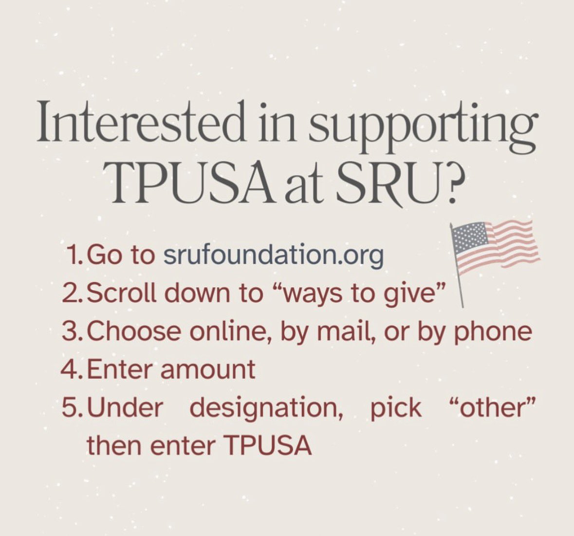 Want to support TPUSA at SRU?
Every gift big or small goes directly toward strengthening our chapter and expanding our impact on campus. We are incredibly thankful for those who choose to give and invest in what we're building!