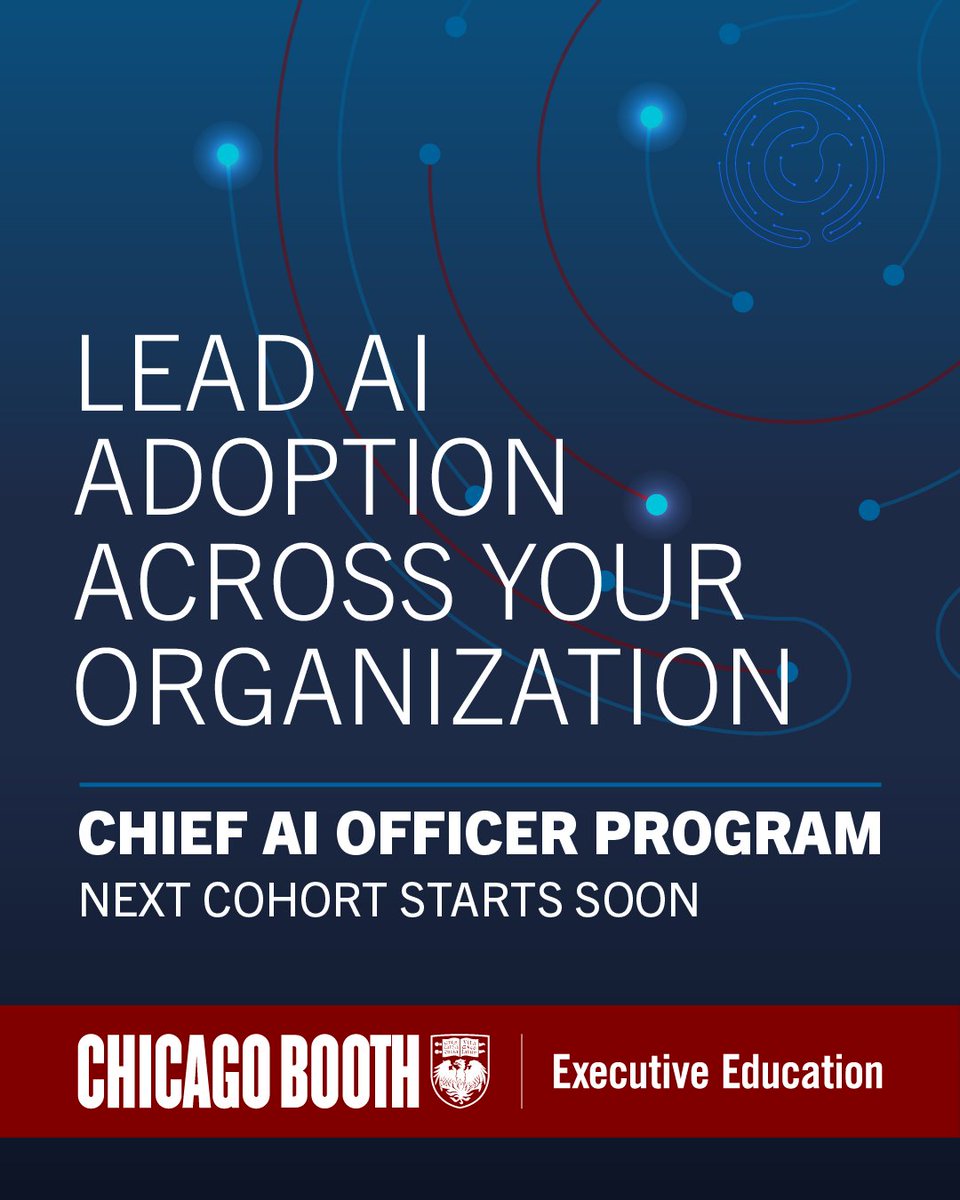 UChicagoProf's tweet image. The Chief AI Officer (CAIO) Program at Chicago Booth Executive Education is designed for senior leaders ready to move beyond experimentation and lead AI at enterprise scale.
 
Follow the link below to register.

chicagobooth.edu/executiveeduca…
 
#ChiefAIOfficer #AILeadership #CIO #CTO
