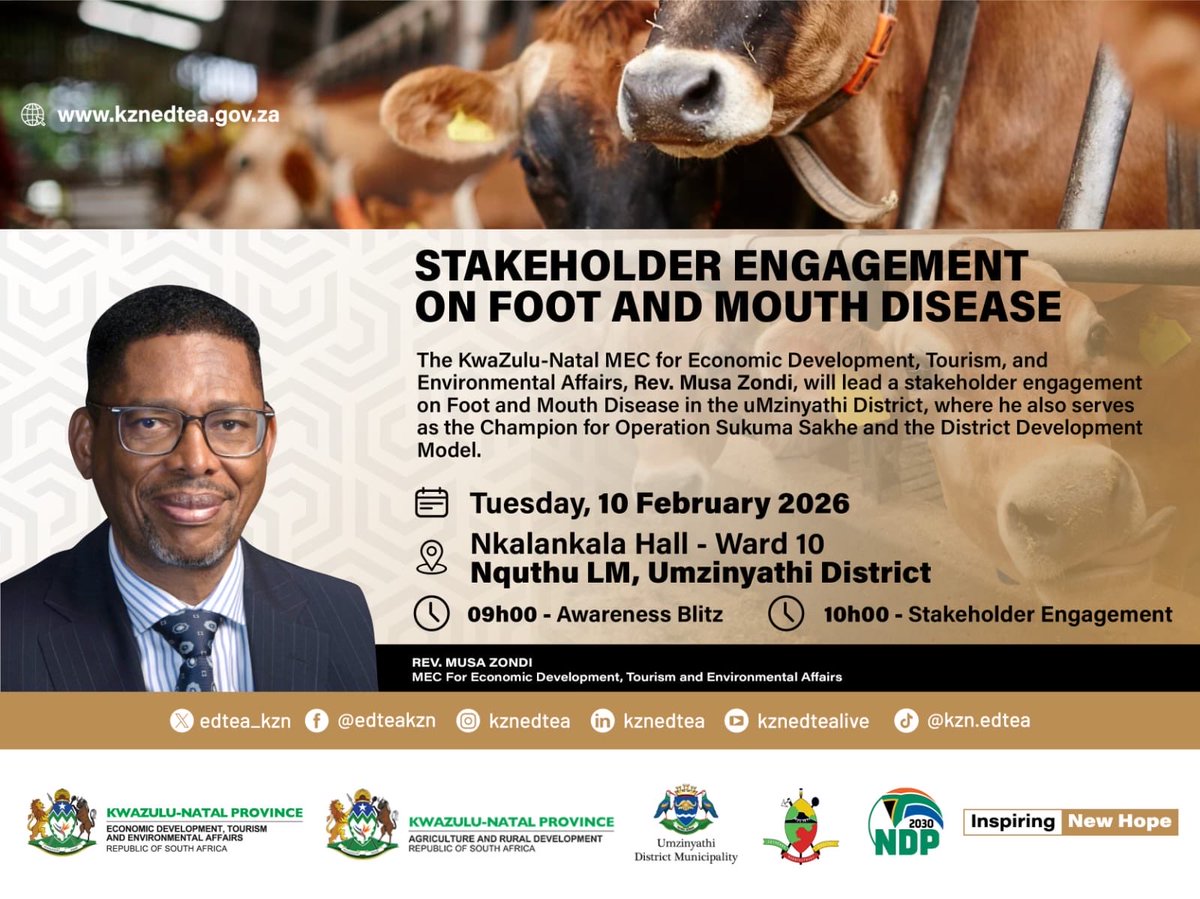STAKEHOLDER ENGAGEMENT ON FOOT AND MOUTH DISEASE

MEC for <a href="/edtea_kzn/">EDTEA KZN</a> Rev. Musa Zondi, will lead a stakeholder engagement on Foot and Mouth Disease in the uMzinyathi District, where he also serves as the Champion for Operation Sukuma Sakhe and the District Development Model.