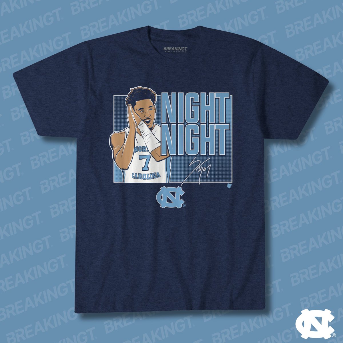 This shirt is sweeeeeet.

Seth Trimble "Night Night" t-shirt. 

(Seth gets NIL from all sales!)

Make sure to use this link: breakingt.com/products/unc-b…