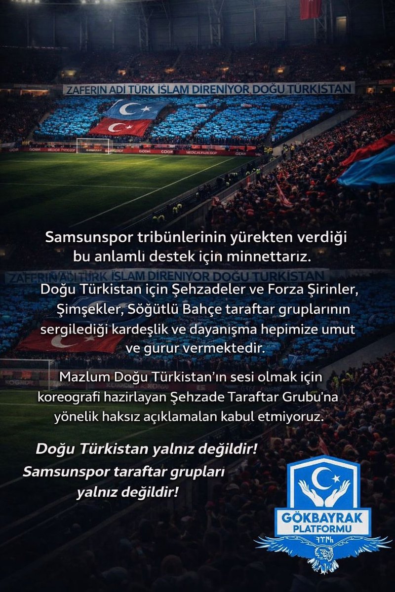 Samsunspor tribünlerinde sergilenen bu duruş, Doğu Türkistan konusunda suskunluğun değil, sorumluluğun mümkün olduğunu göstermiştir.
Bugün Samsun’dan yükselen bu sesin, yarın tüm Türkiye tribünlerinde yankılanmasını bekliyoruz.

Bu anlamlı tavrın, diğer kulüp ve taraftar