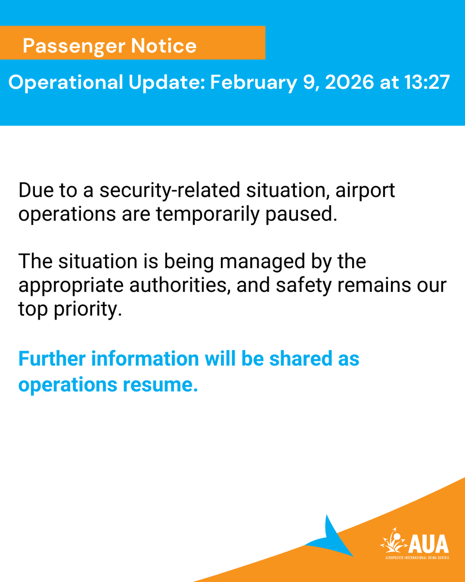 ARUBA_AIRPORT's tweet image. Airport operations are temporarily paused due to a security-related situation; passenger safety remains our top priority. Further information will be shared as operations resume.

#aua #arubaairport #aruba #onehappyisland