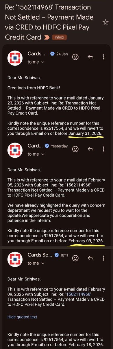 iamSB192's tweet photo. This is  Customer support progress 
!!!
Hey
@HDFCBank_Cares are you actually working on this or just extending the resolution time?”

@payzapp, @CRED_support https://t.co/p629lRPuiL