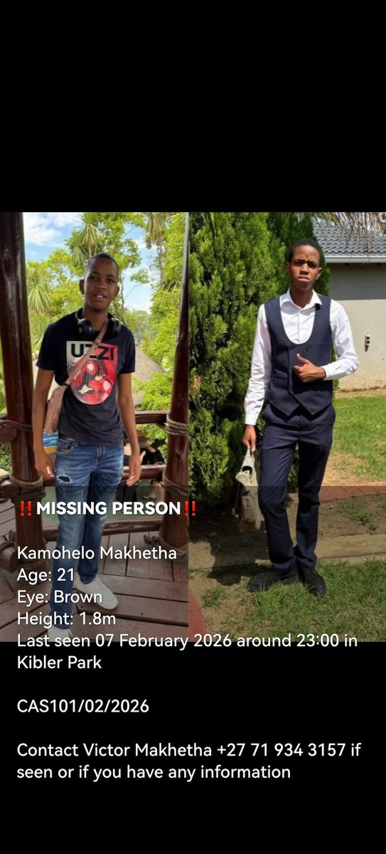 Can you please assist, my son's friend has been missising since last week Friday     <a href="/destinyzee/">Miss Ziprusha</a> <a href="/2022AFRICA/">2022 AFRICA</a> <a href="/ChrisExcel102/">ChrisExcel</a>  <a href="/Abramjee/">Yusuf Abramjee</a> <a href="/BillzDaOriginal/">Billz</a>  <a href="/missingpeople/">Missing People</a> <a href="/centralnewsza/">Central News</a> <a href="/MDNnewss/">MDN NEWS</a>  <a href="/VillageGuluva/">Village Guluva</a>  kindly retweet please.