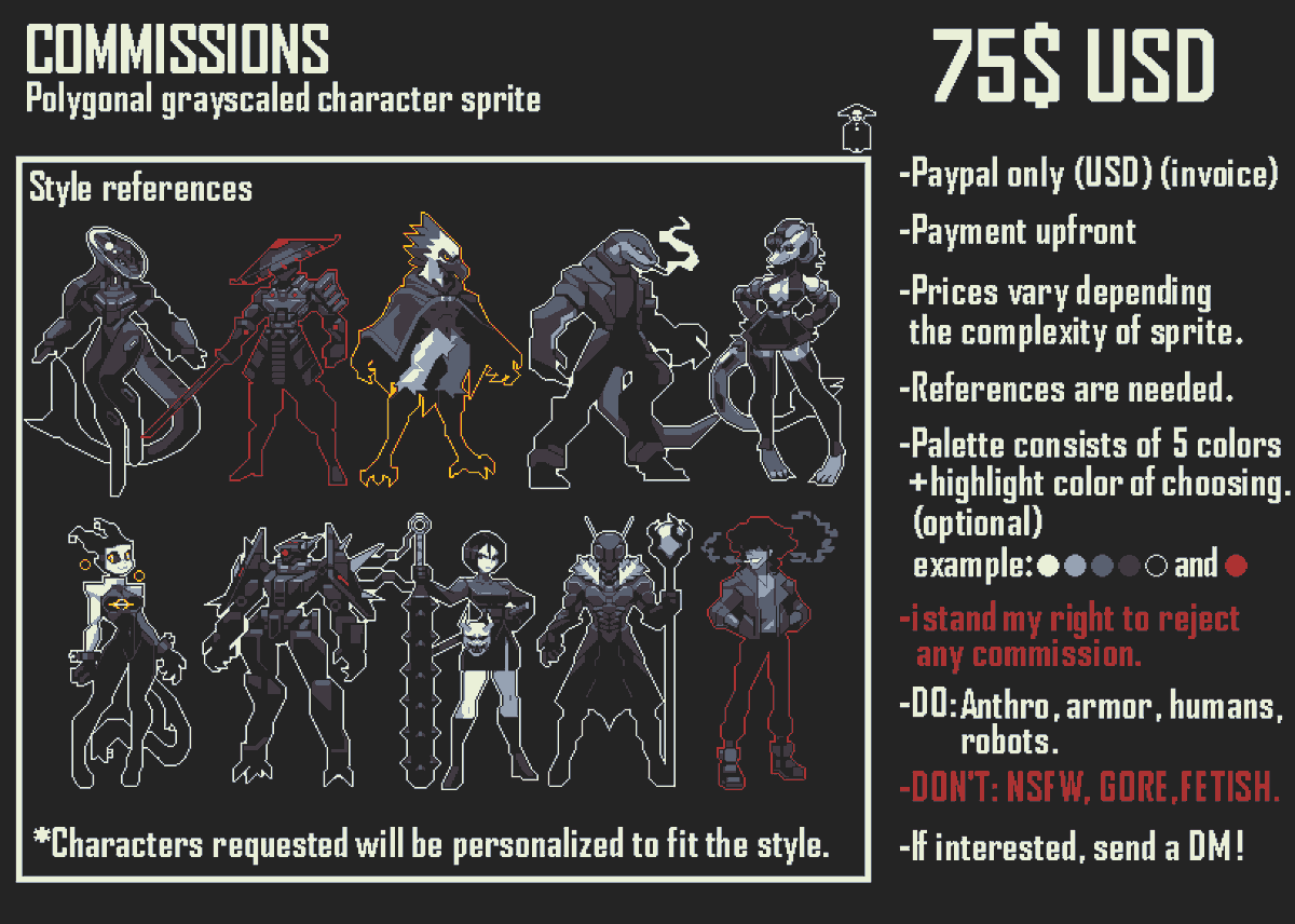 C0mms are open!   
Polygonal Grayscaled   
5 Slots (Could expand depending on demand)     

IMPORTANT. Slot is taken when payment is done.      

Read the guidelines on the right before DM!