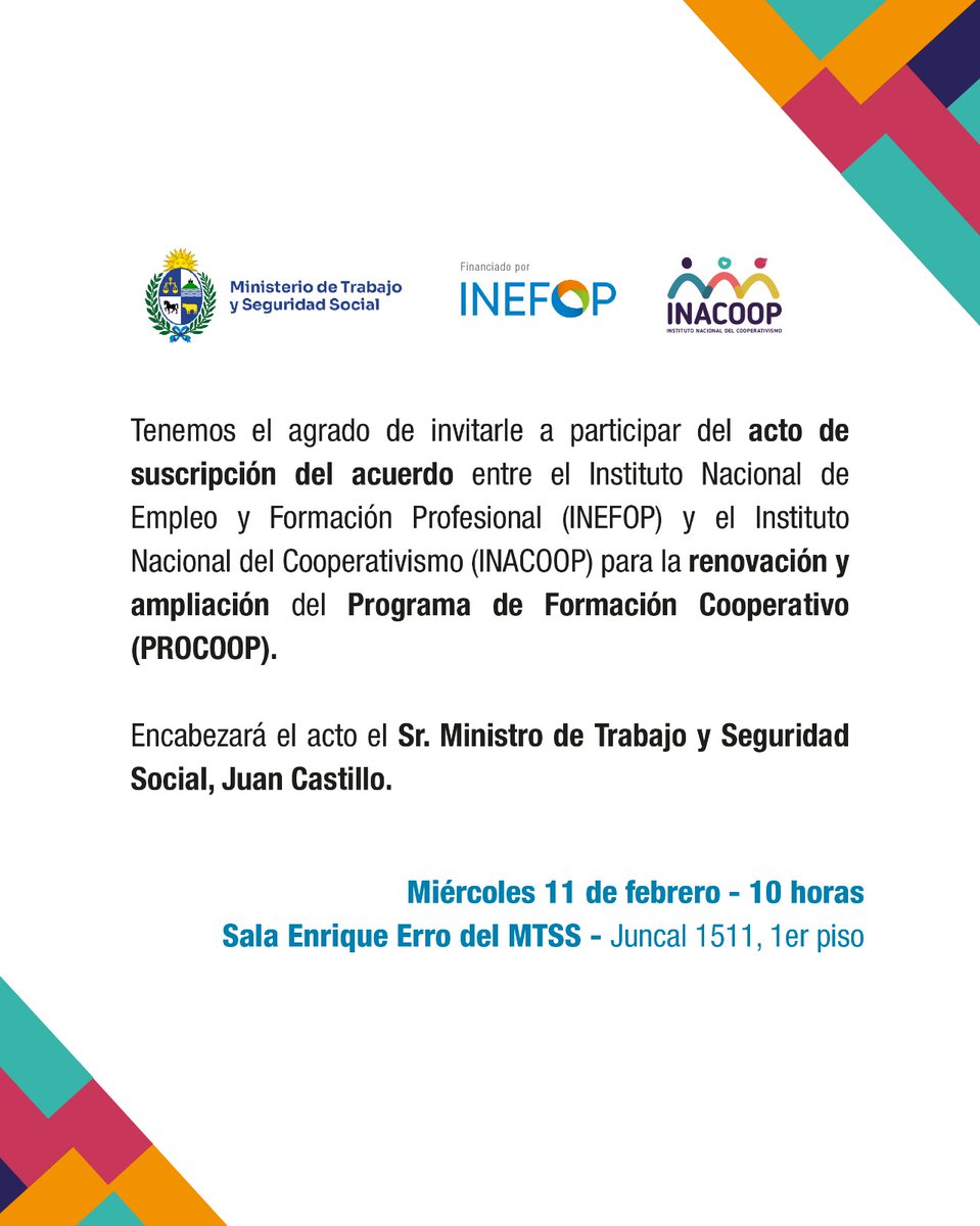Cudecoop_uy's tweet photo. ¡Este miércoles se renueva el #Procoop! e invitamos a participar del acto de suscripción del acuerdo.
@inacoop @INEFOPoficial @MTSSuy https://t.co/GN5Yg0BxGE