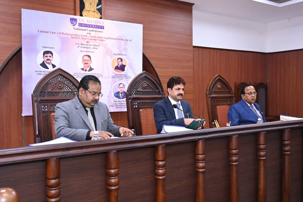DRCPSINGH4's tweet photo. Faculty of Law, T.S. Mishra University, Lucknow hosted India’s first national seminar on the New Labour Codes soon after their implementation.
Graced by Hon’ble Justice Rajeev Bharti (AHC, Lucknow Bench) &amp; Shri Pritish Kumar, Sr. Advocate &amp; AAG, UP. https://t.co/pk0J7oaE8h