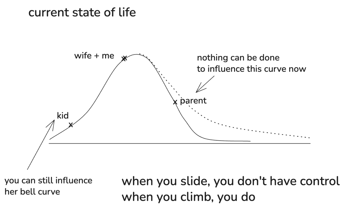 Just had a long discussion with my wife about one of our parents' insensible decisions at near end of life

While discussing, an image of a bell curve of life came to mind, below is it visualised. I think it makes sense

When you start sliding, you lose control