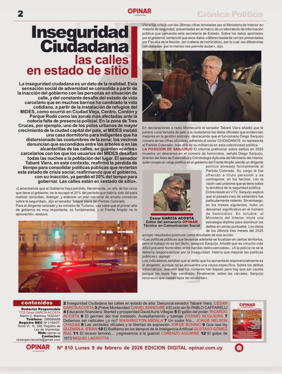 La inseguridad dejó de ser una estadística: es una realidad que se vive en la calle. Cuando el Estado se retira, las calles quedan en estado de sitio.
🗞️ <a href="/semanarioopinar/">Semanario OPINAR</a> 
🔗 opinar.com.uy/opinar-810.html