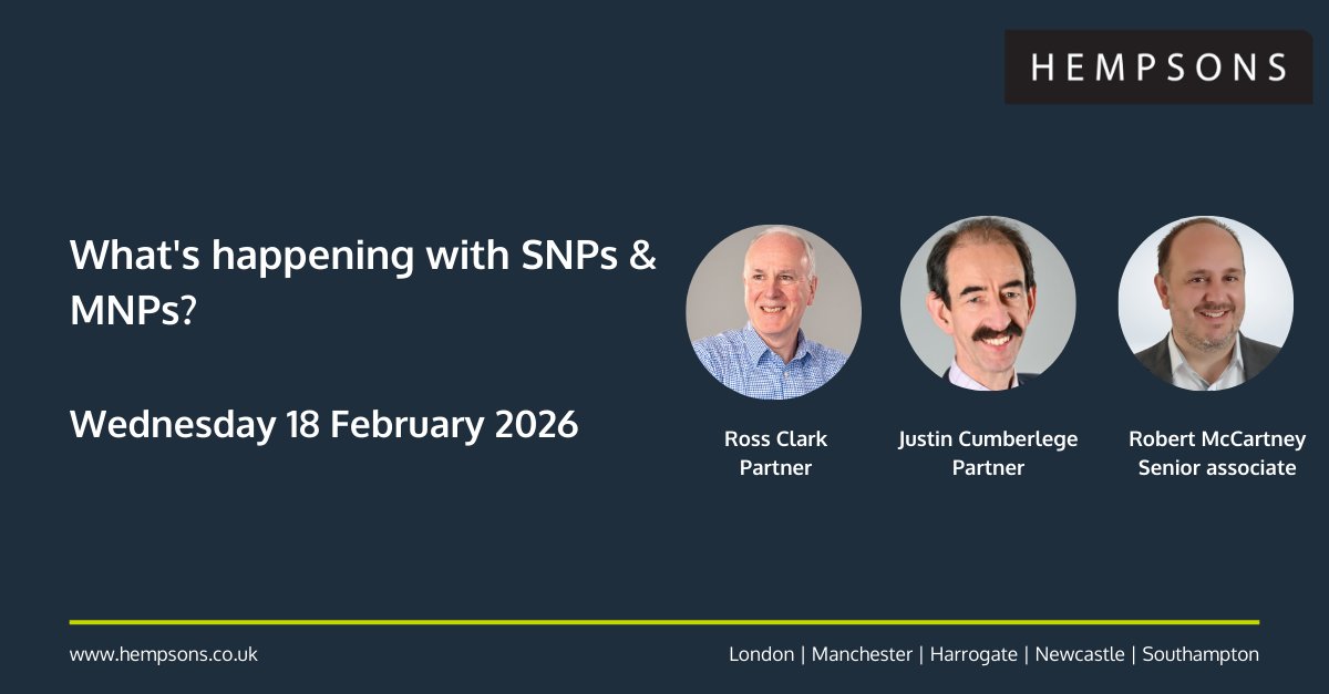 hempsonslegal's tweet photo. Join our primary care experts Ross Clark, Justin Cumberlege and Robert McCartney, for their webinar “What’s happening with SNPs &amp; MNPs?”

Register your place here: https://t.co/Lix9nrTdW5 https://t.co/BhAJ4qTx01