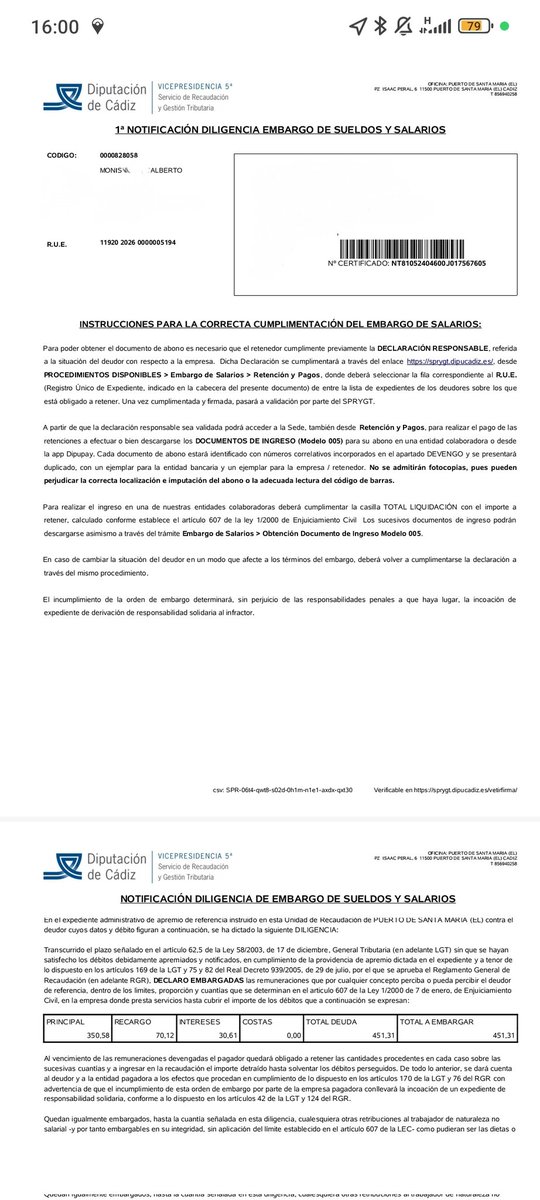 Familia, me han jodido y mucho. Esto es la consecuencia de lo que un día os conté de no poder afrontar el día a día con tranquilidad, aquí me viene un embargo de diputación. Estoy trabajando y aún así cuesta🥹 Necesito ayuda, con difusión, colaboración, lo que se pueda 🫂🙏