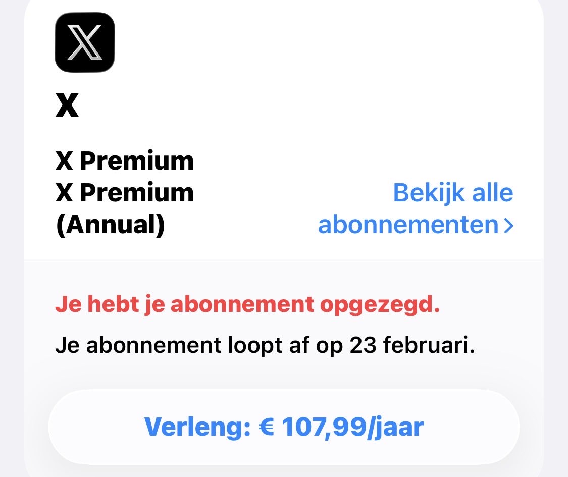 Pffff… serieus?
€107,99 per jaar op X
voor een vinkje, wat minder reclame
en vooral: lucht.

X Premium = dikke onzin.
Opgezegd. 👊