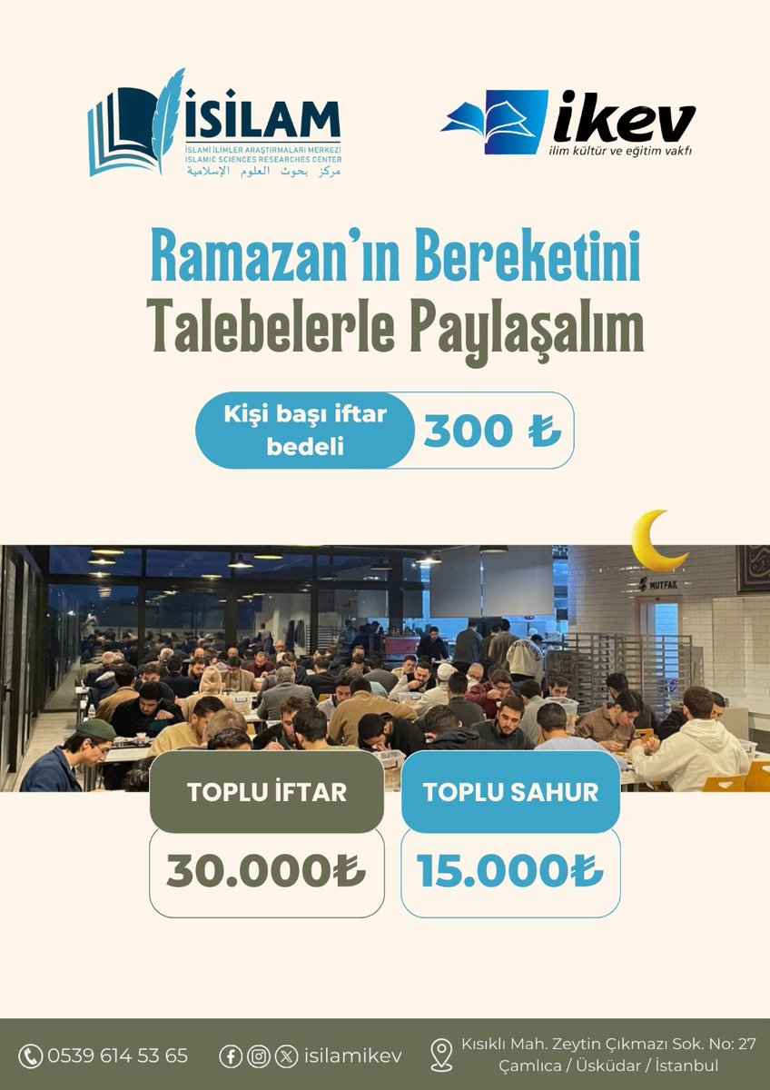 ikevisilam's tweet photo. Marmara Üniversitesi İlahiyat Fakültesi öğrencilerine eğitim ve barınma desteği veren İSİLAM yurdumuzda kalan 100 ilim talebemize iftar ve sahur vermek ister misiniz?

Toplu iftar bedeli: 30.000₺
Toplu sahur bedeli: 15.000₺
Kişi başı iftar bedeli: 300₺

İletişim:0539 614 53 65 https://t.co/s2Ej3pN79A