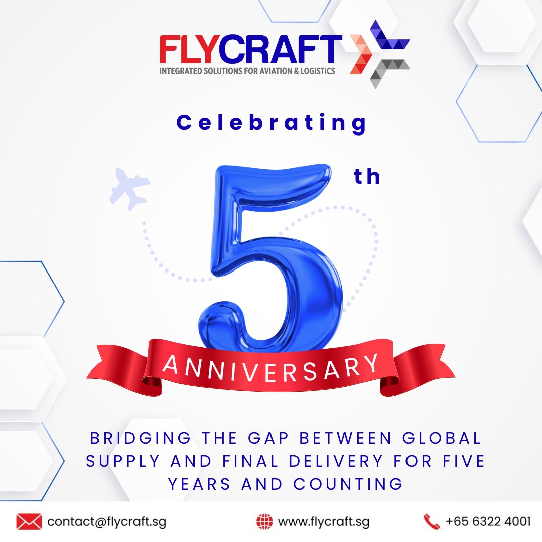 flycraftsg's tweet photo. Flycraft proudly celebrates 5 years of connecting global supply with final delivery.

#Flycraft #FlycraftAnniversary #5thAnniversary #AviationLogistics #AviationLife #LogisticsSolutions #SupplyChainExcellence #AviationIndustry #GlobalLogistics #BusinessMilestone https://t.co/l1mkh1cSgI